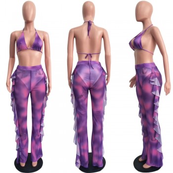 Adogirl Tie Dye Print Mesh Summer Beach Two Piece Set with Panties Women Sexy Bra Halter Crop Top Ruffle Wide Leg Pants Clubwear